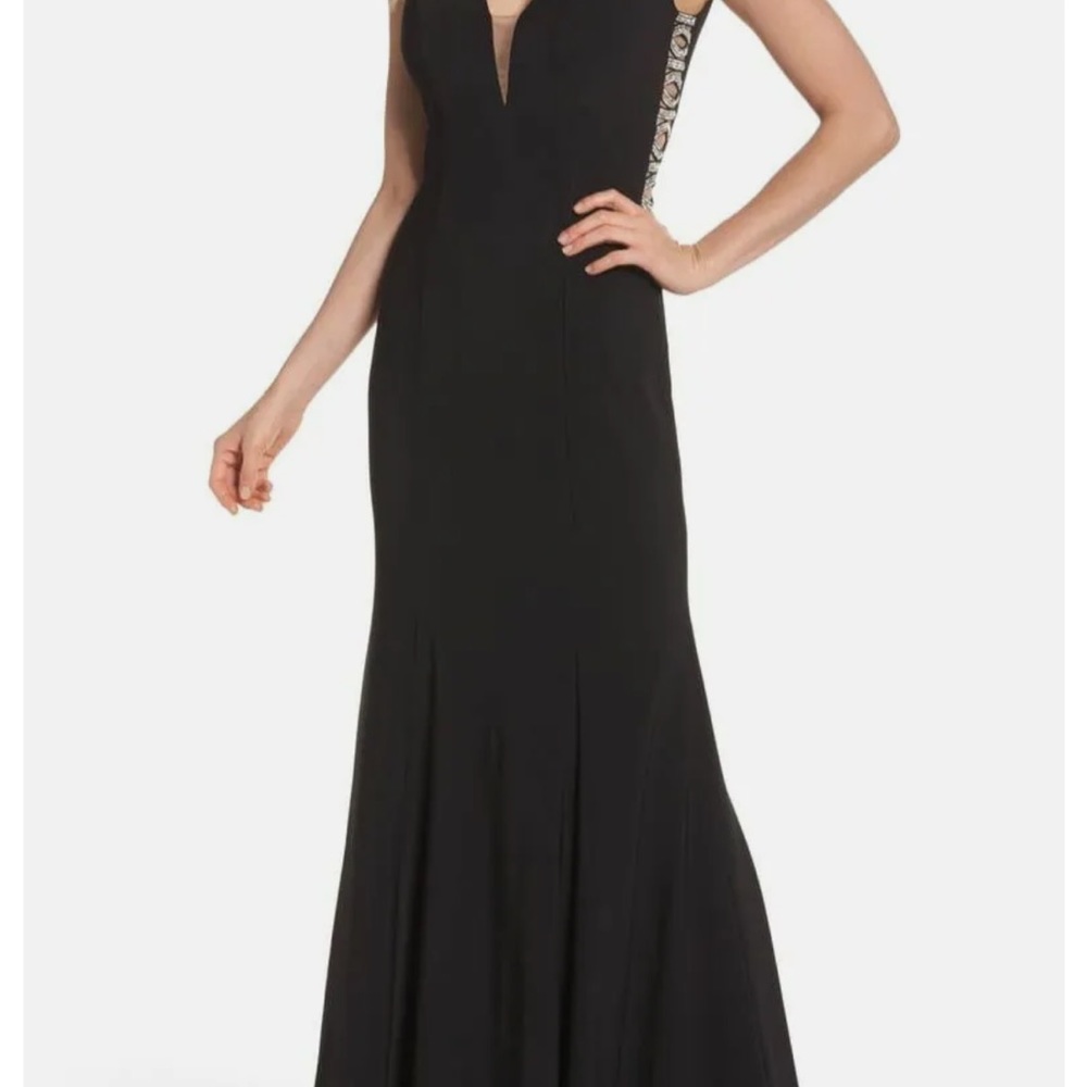 Long black formal dress with side rhinestone detail